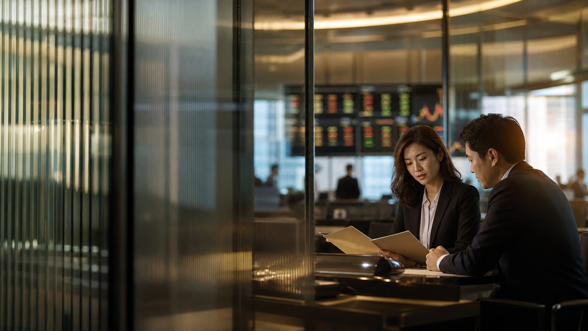 Two capital-markets professionals reviewing a folder behind layered privacy glass