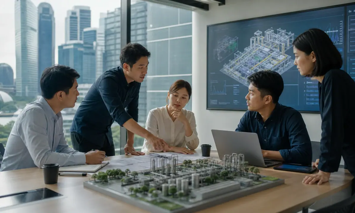 Asian enterprise AI specialists review an industrial operations model in Singapore.