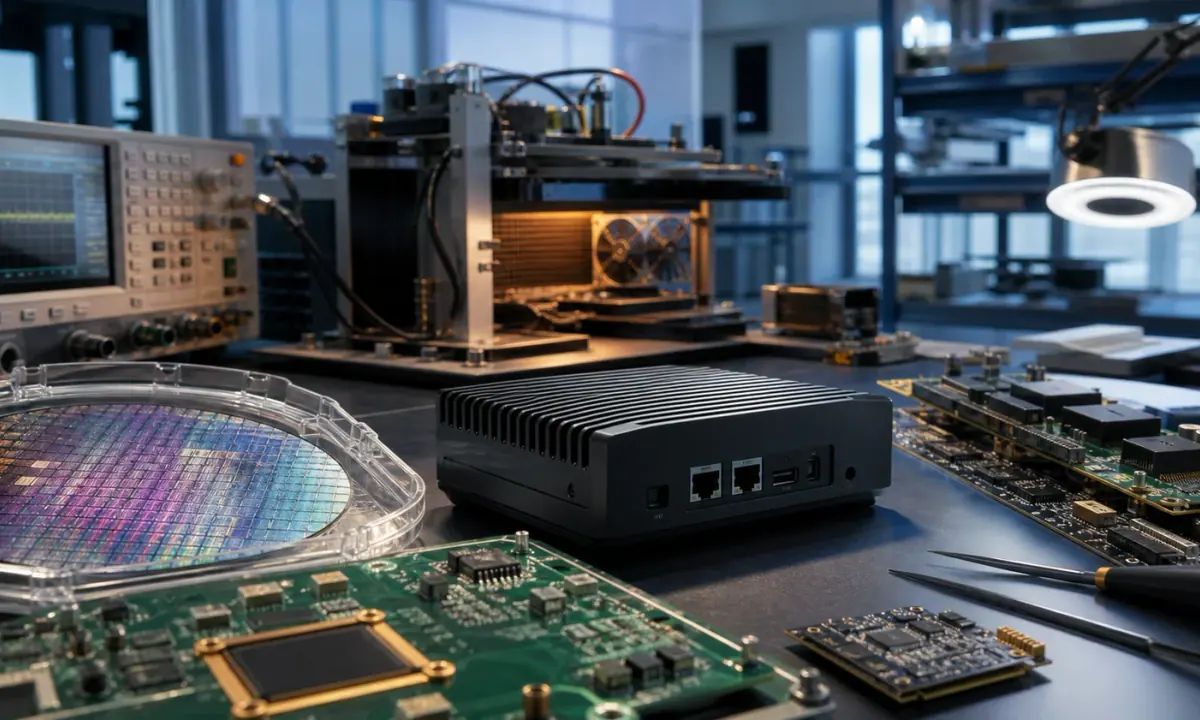 A story-specific editorial scene of edge artificial-intelligence compute hardware under laboratory test.