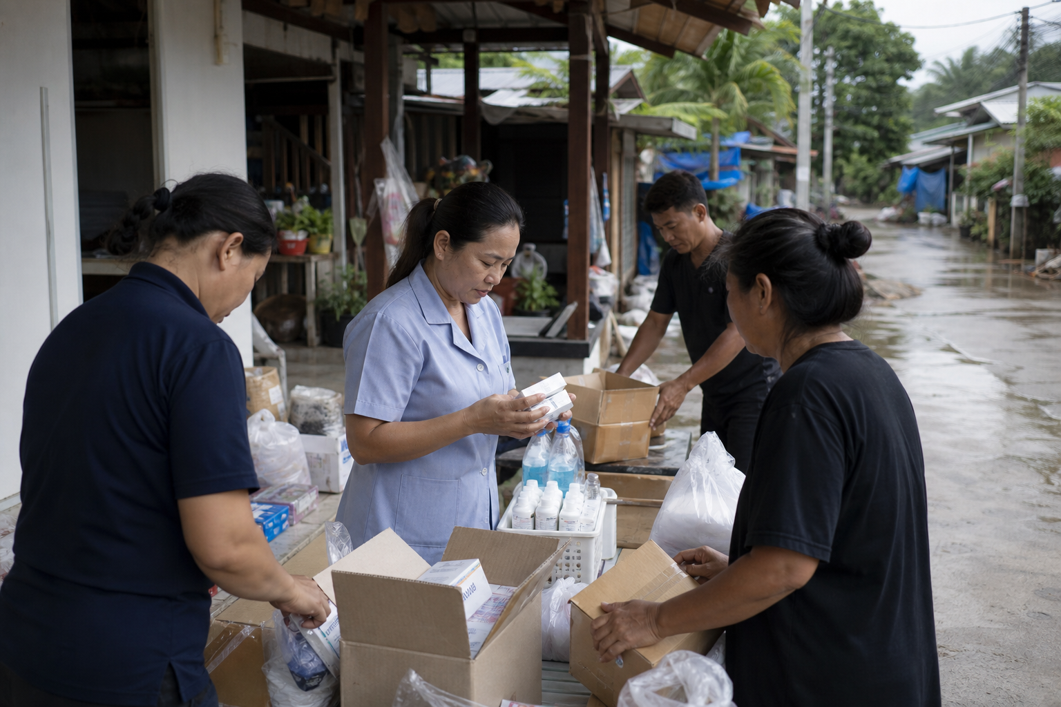 Community health workers and residents organising recovery supplies after flooding in southern Thailand.