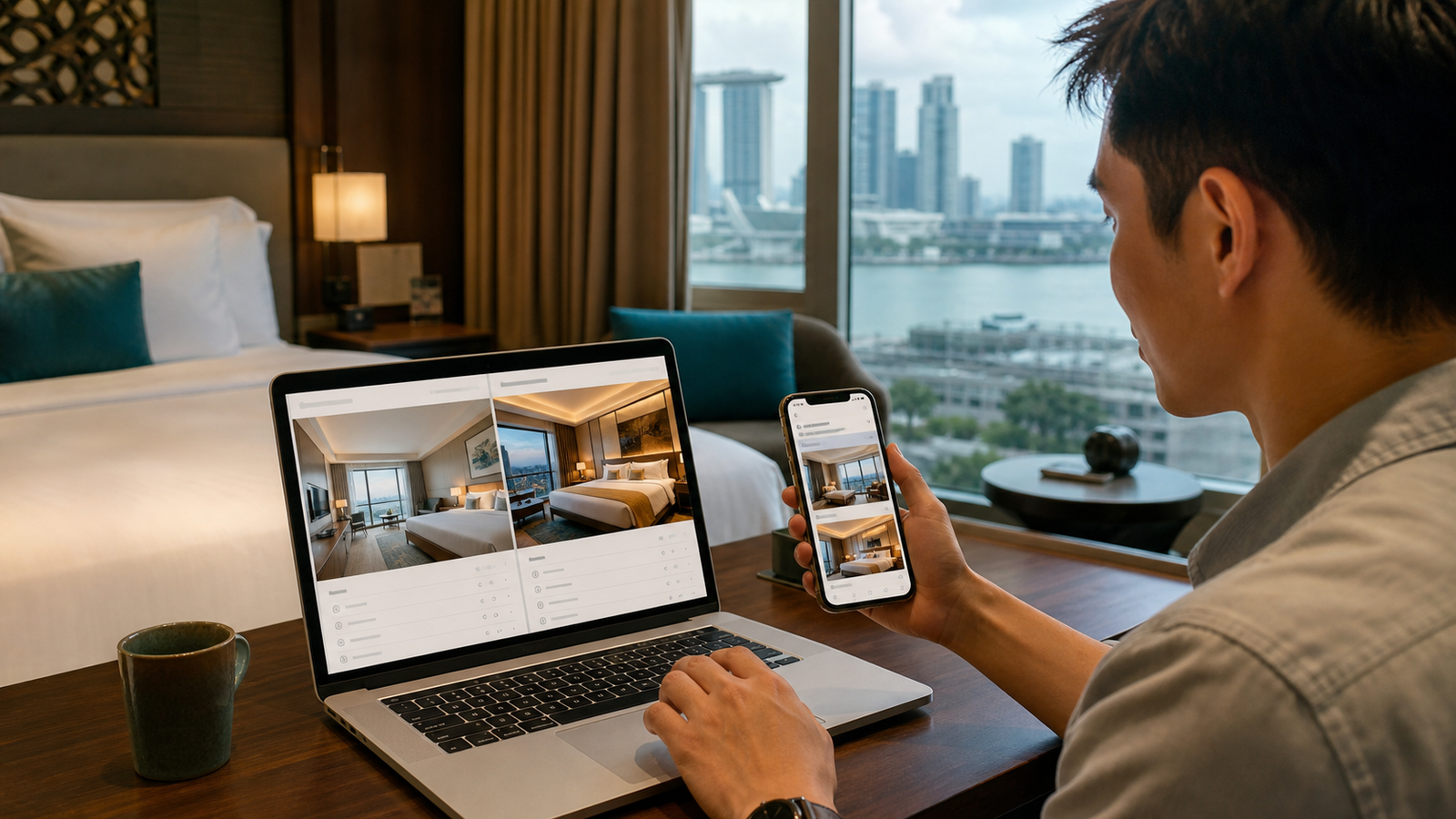 A traveller compares hotel-room layouts and booking details across a large booking screen and phone in a Southeast Asian hotel room.