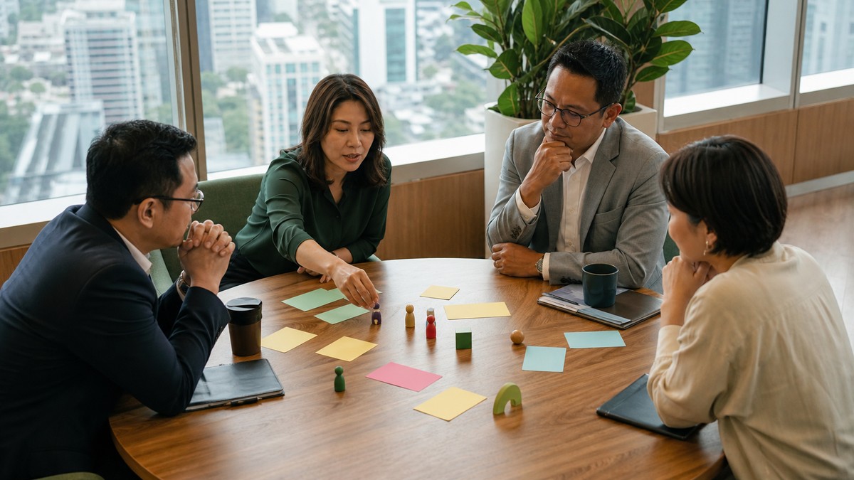 Four Southeast Asian executives discussing stakeholder trust around a boardroom table.