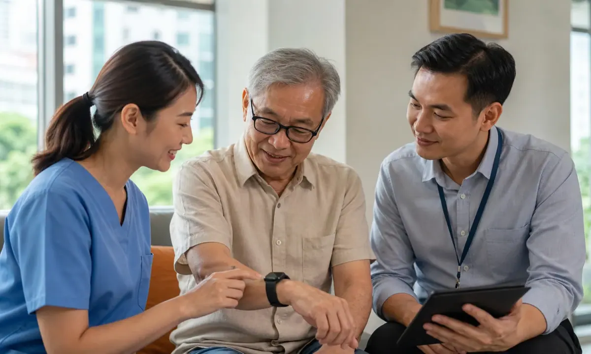 An older Singaporean adult using a wearable health device with a clinician and digital health specialist.