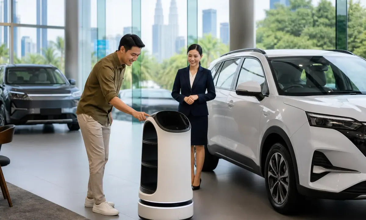 A service robot greeting customers inside a modern Malaysian car showroom.