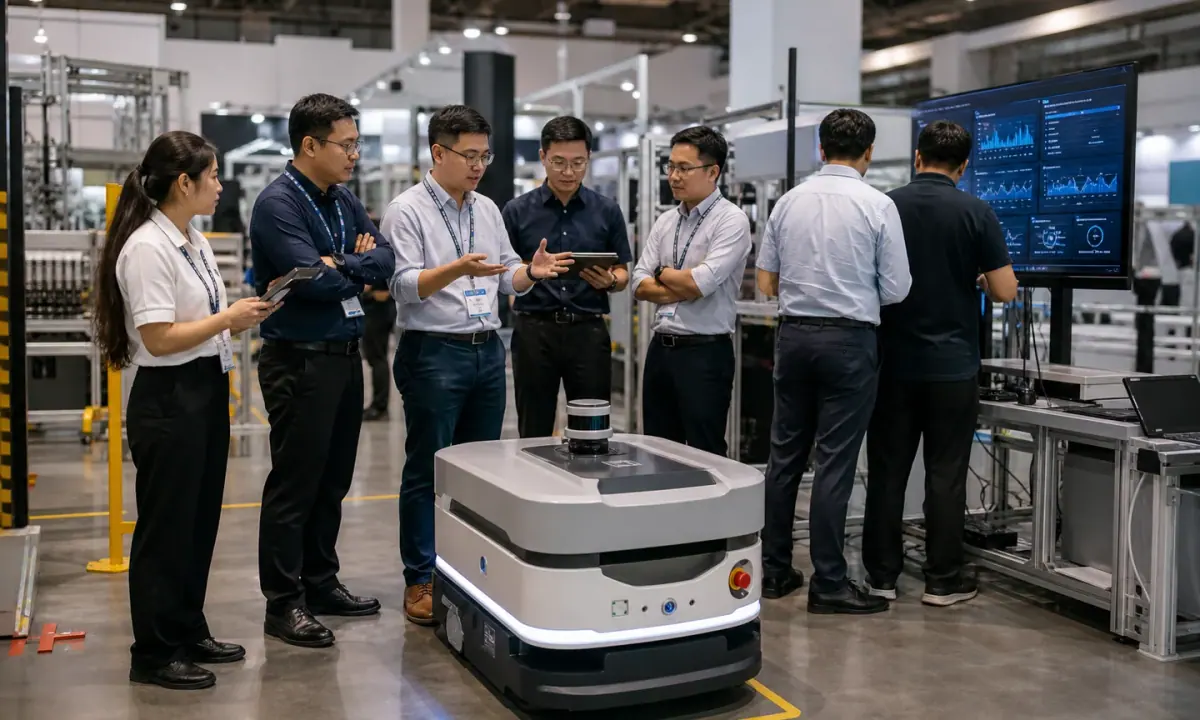 Engineers test a compact autonomous robot beside an enterprise operations display at a Singapore technology showcase.