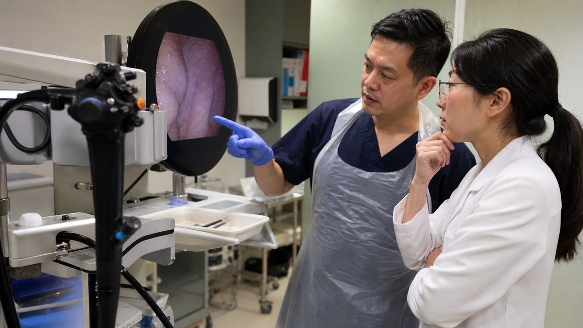 Two clinicians reviewing endoscopy equipment and a tissue image in a procedure room