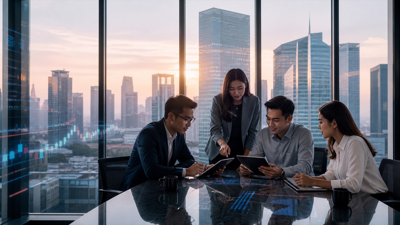 Illustrative scene of an Indonesian fintech team reviewing investment data in Jakarta.