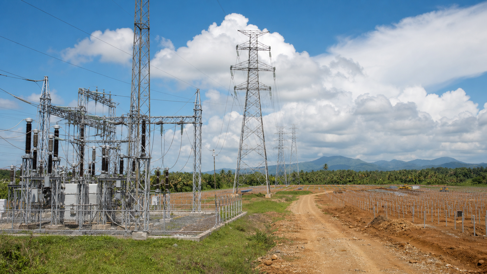 A Mindanao power substation and transmission corridor with solar construction frames in a tropical landscape.