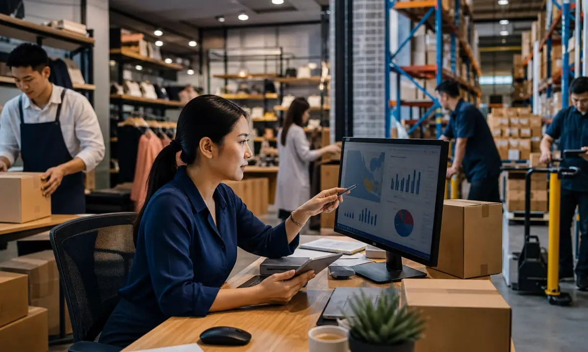A Southeast Asian commerce operations manager coordinating inventory and fulfilment inside a combined retail and logistics facility.
