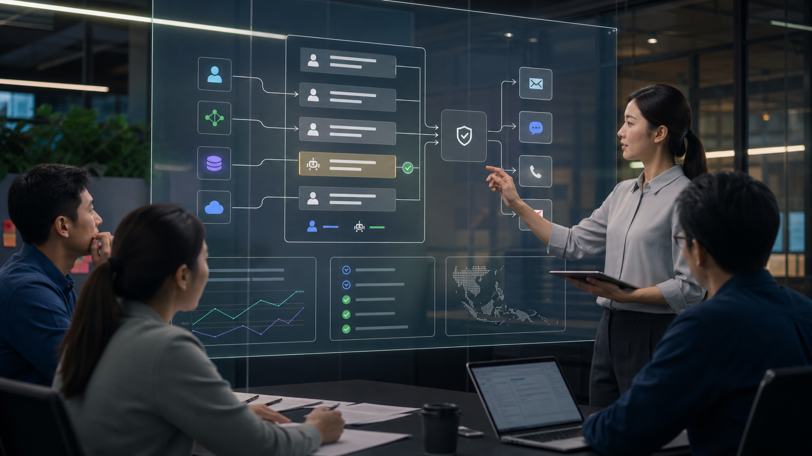 Editorial illustration of autonomous marketing decisions passing through a measurement and governance control layer.
