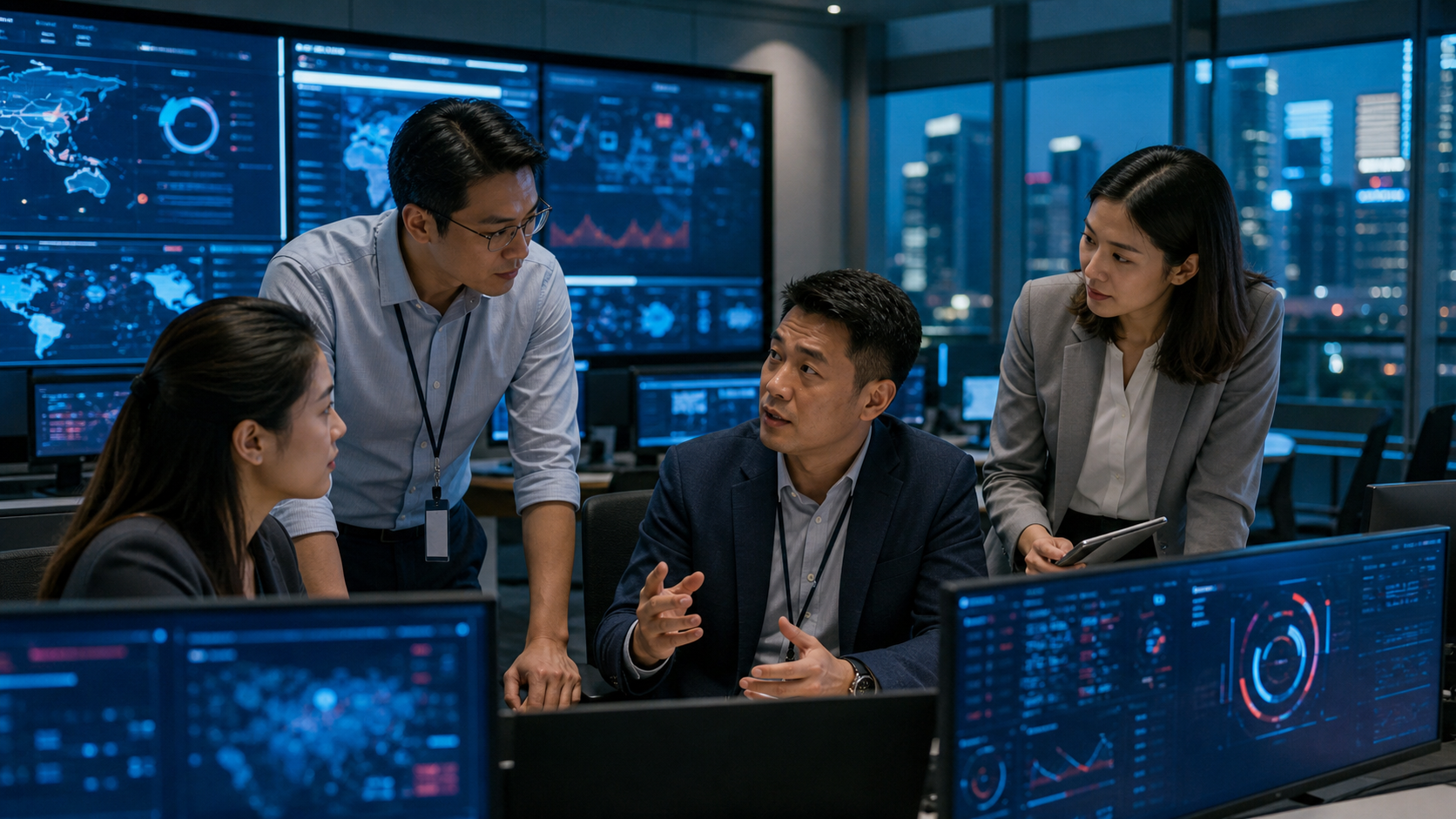 Singapore cybersecurity operations team reviewing AI-assisted threat alerts on a wall display.