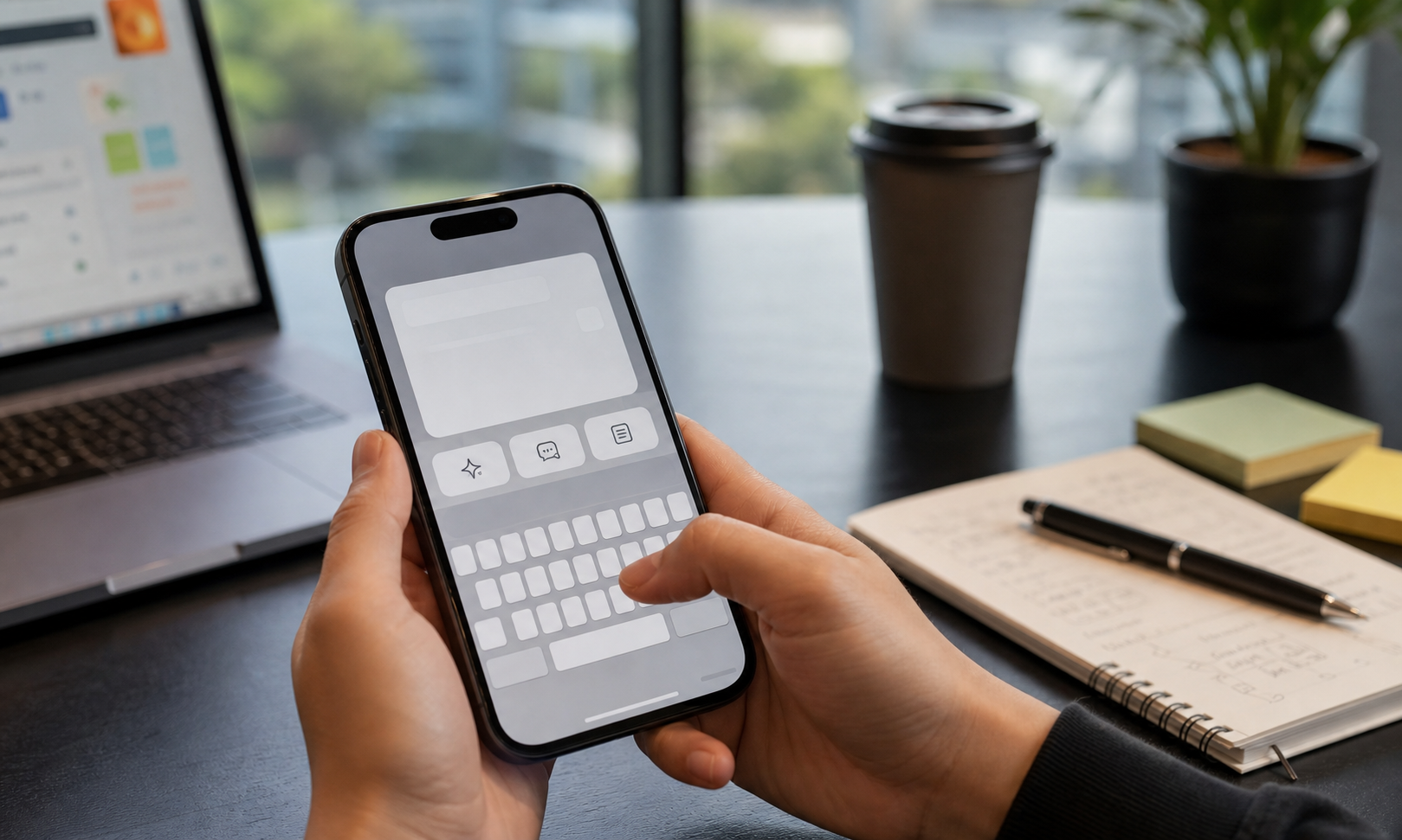 Photo-style image of a smartphone keyboard interface on a work desk for a consumer AI startup story.