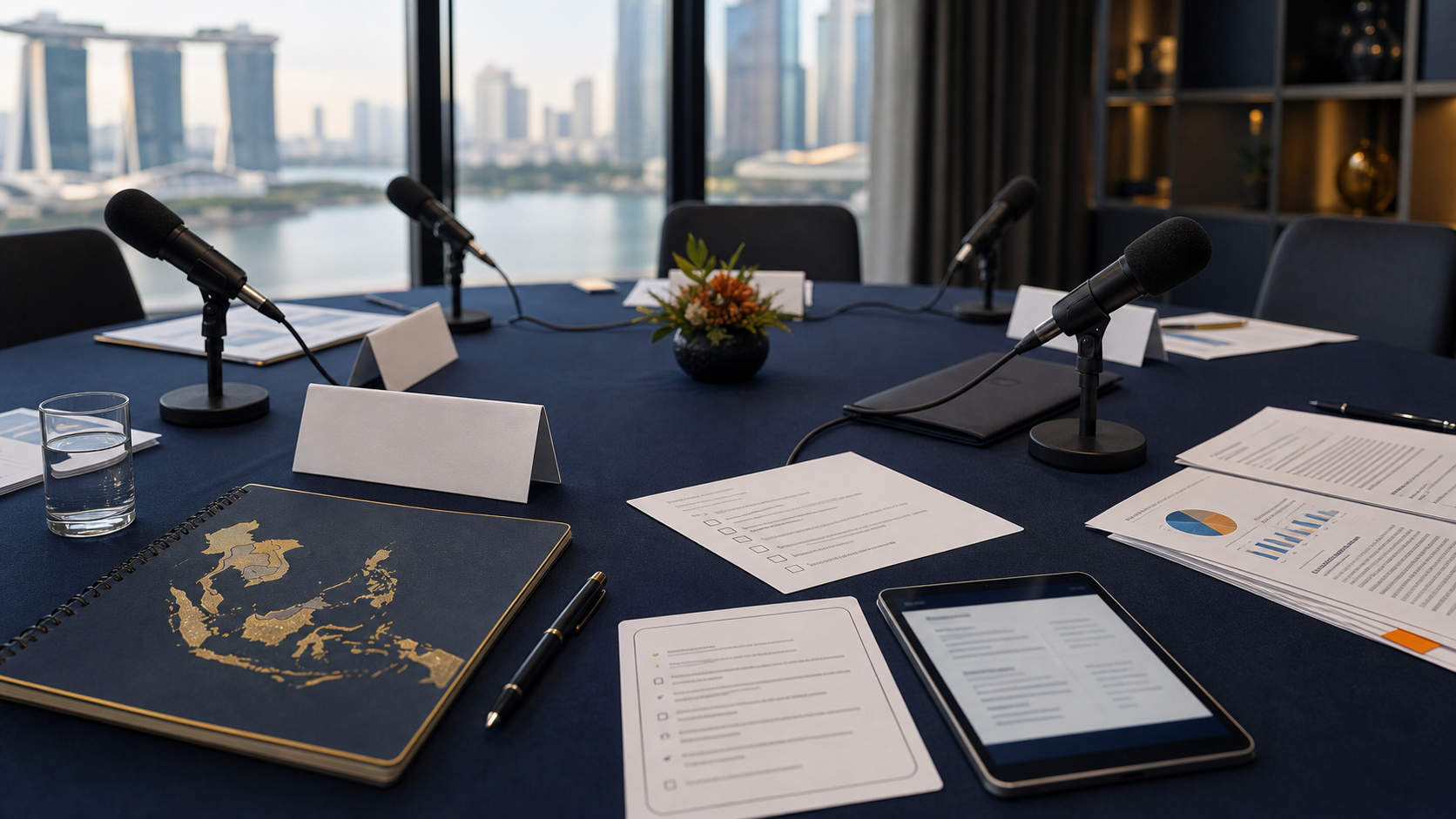 Editorial review table with microphones, source documents and question cards for creator-economy trust and safety review.