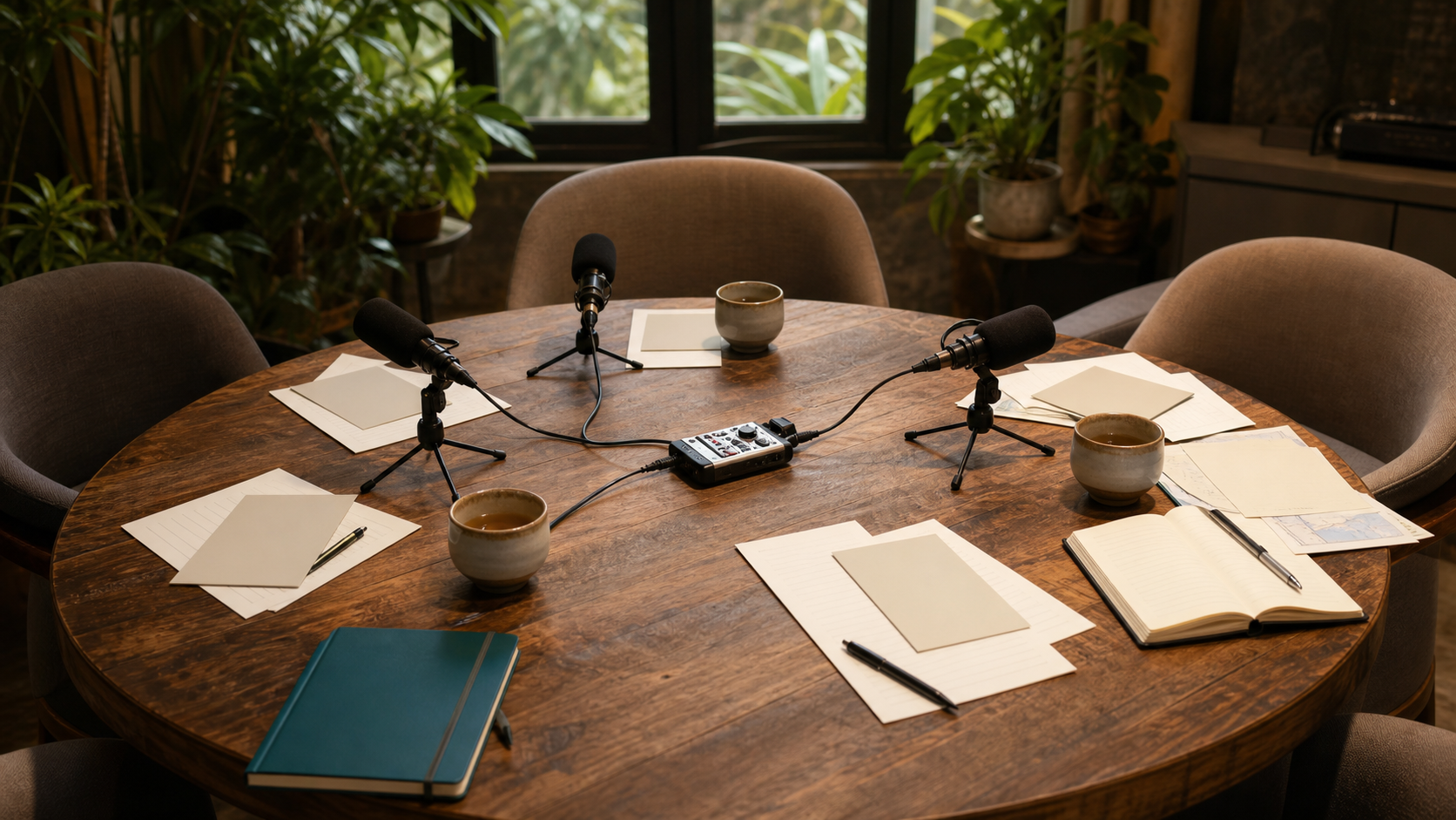 Editorial roundtable with microphones, recorder, blank question cards, tea cups and notebooks for an AI trust discussion.