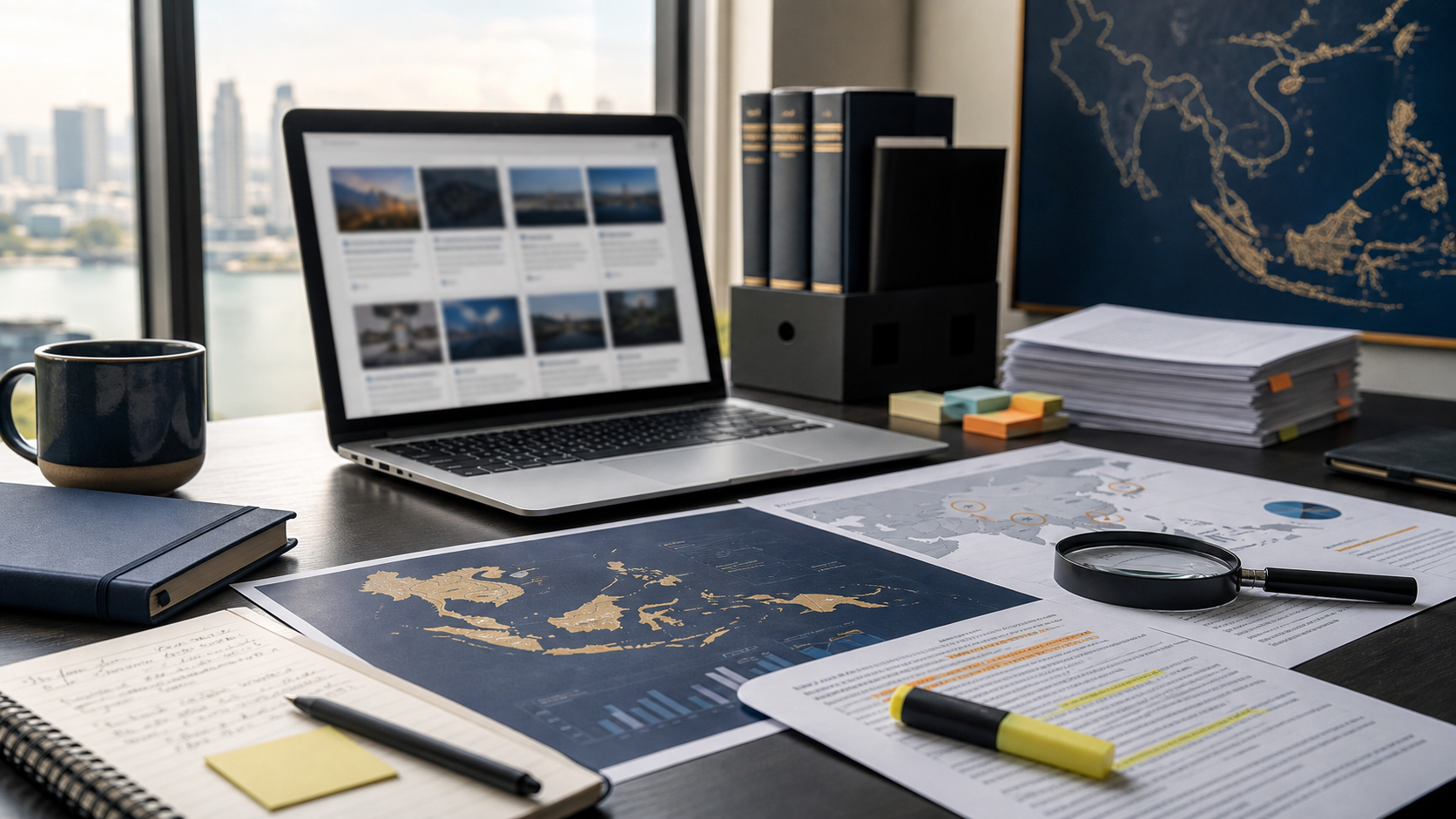 Retail operations and digital planning materials on a working desk in Southeast Asia.
