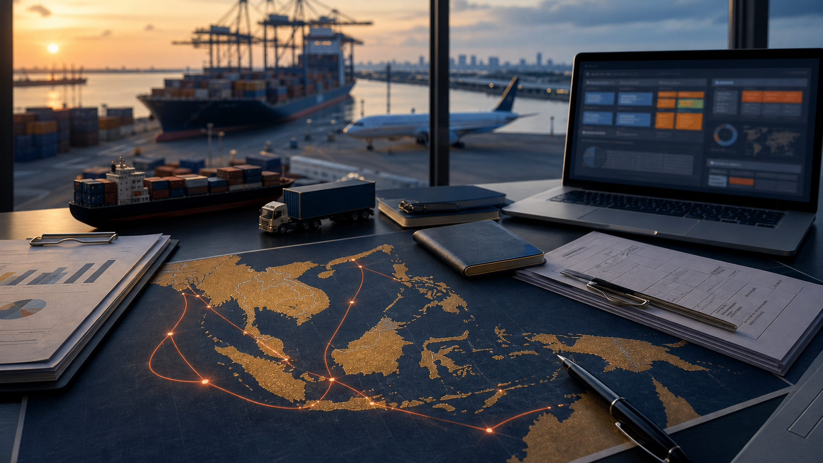 Photo-style image of Southeast Asia logistics and port access for an industrial supply-chain acquisition story.