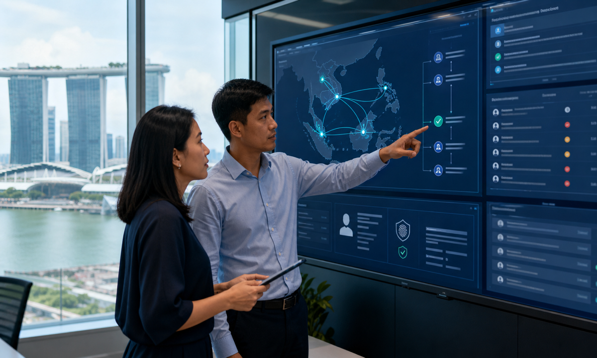 A Singapore treasury and compliance team reviews an AI-assisted cross-border payment authorisation map.