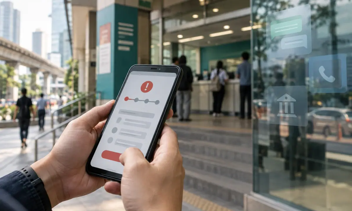 Hands hold a phone showing an unresolved report status outside a Southeast Asian service centre.