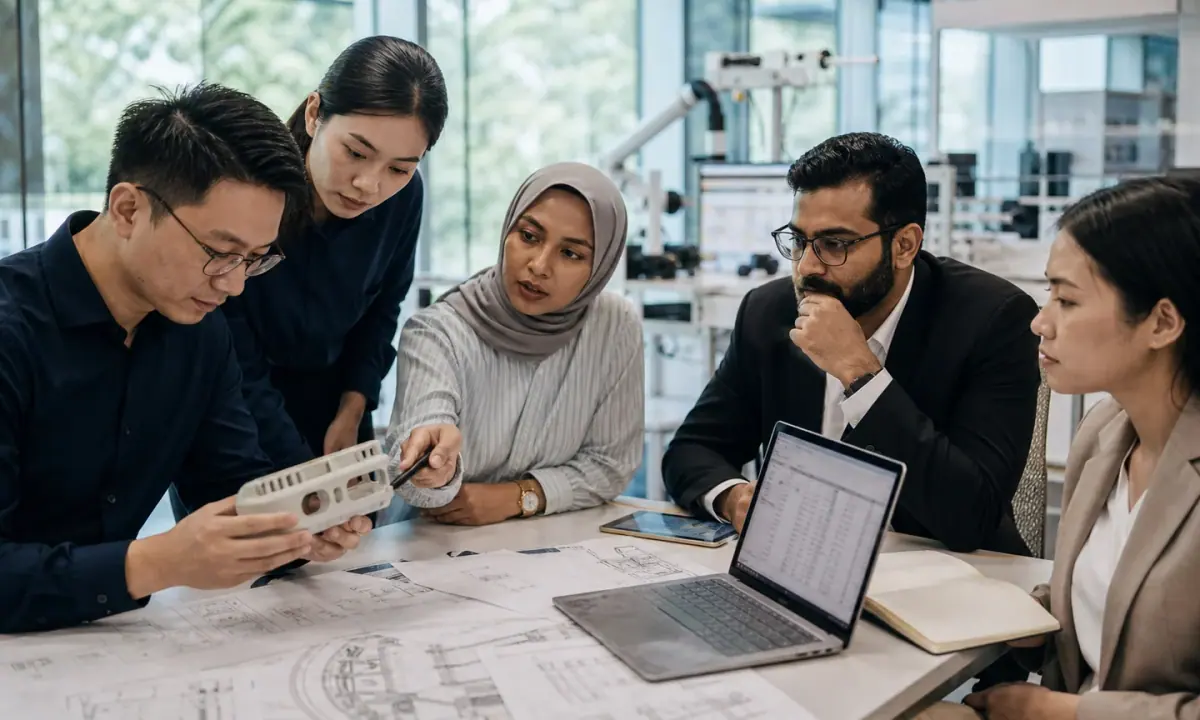 ASEAN inventors, legal specialists and investors examine a technology prototype and valuation materials in a Singapore innovation lab.