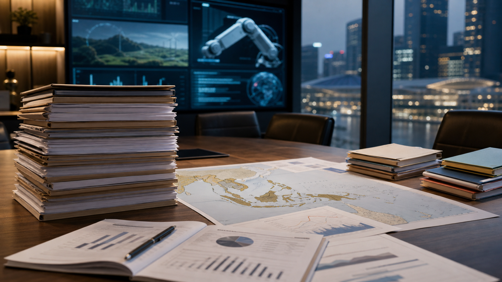 Editorial image of Southeast Asia deal documents and market dashboards in a Singapore boardroom.