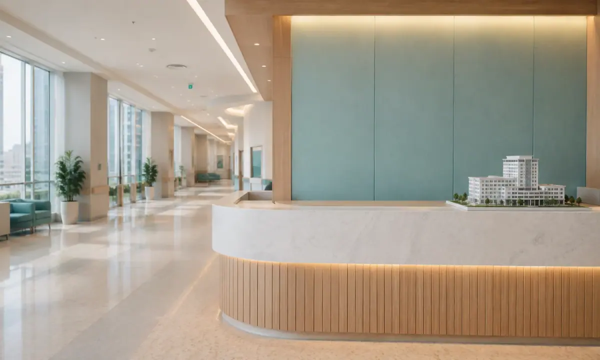An unbranded modern hospital reception with an architectural hospital model.