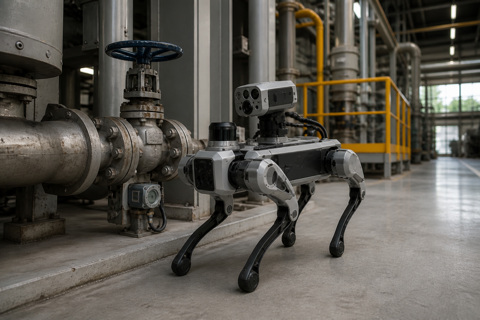 Autonomous quadruped inspection robot checking equipment in a modern industrial facility.