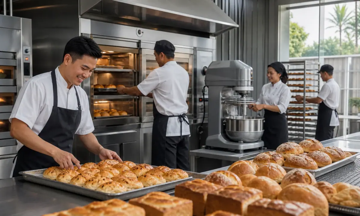 Indonesian bakery professionals working with commercial ovens, mixers and finished bread in a modern production space.
