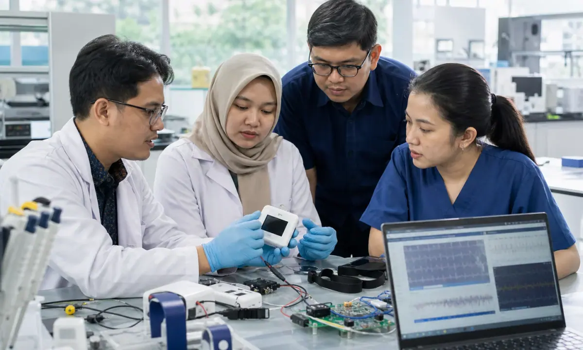 Indonesian researchers and clinicians inspect a compact diagnostic prototype in a university health-technology laboratory.