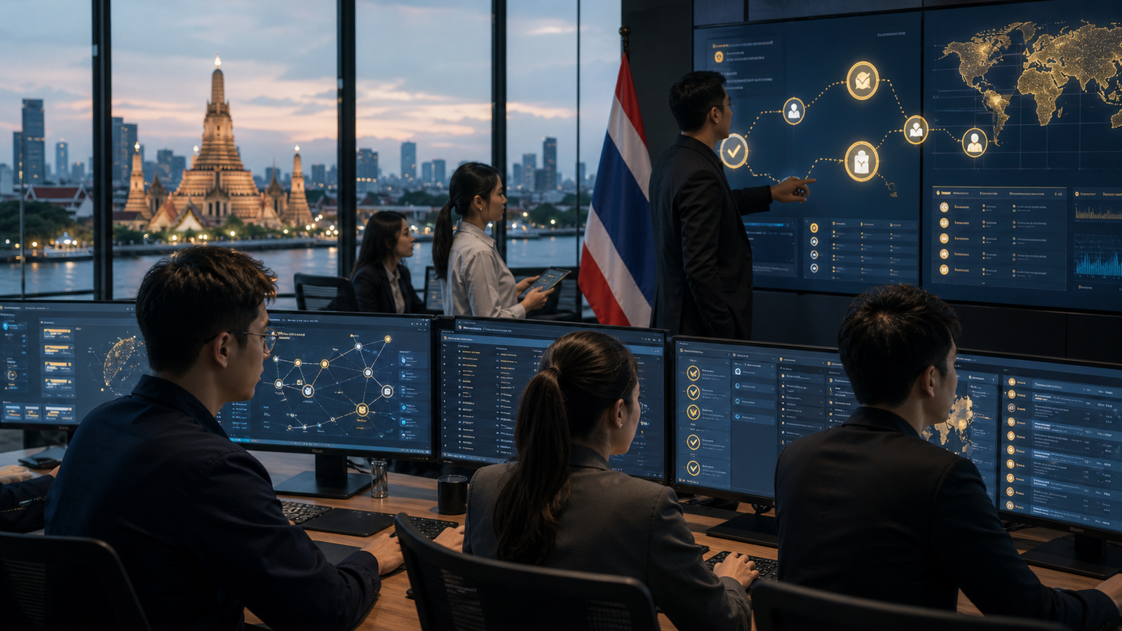 Thai compliance staff review a digital-asset transfer workflow in a Bangkok operations room.