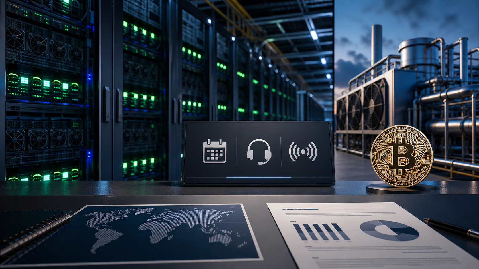 Editorial illustration of data-centre infrastructure, digital-asset compute and earnings webcast context for Bitdeer.