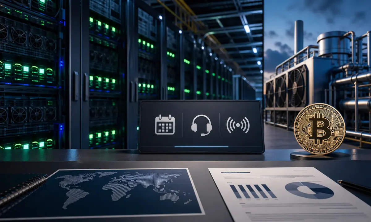 Editorial illustration of data-centre infrastructure, digital-asset compute and earnings webcast context for Bitdeer.