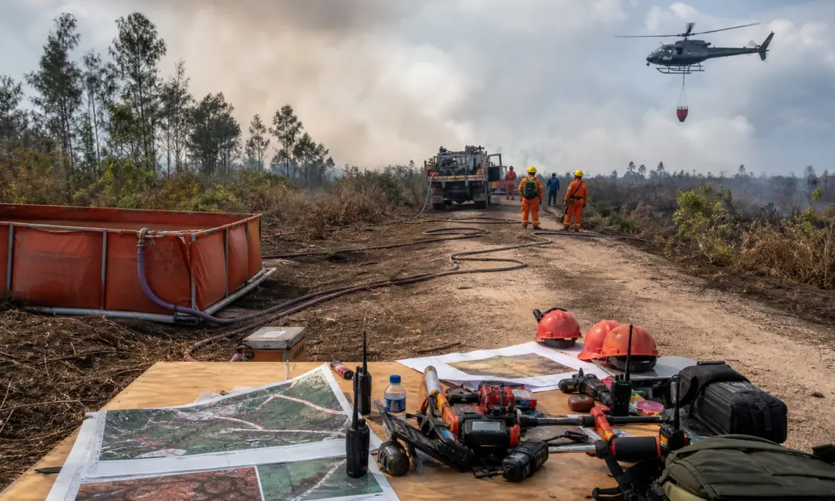 Peatland wildfire-response equipment, field coordination materials and air-support context in Central Kalimantan.