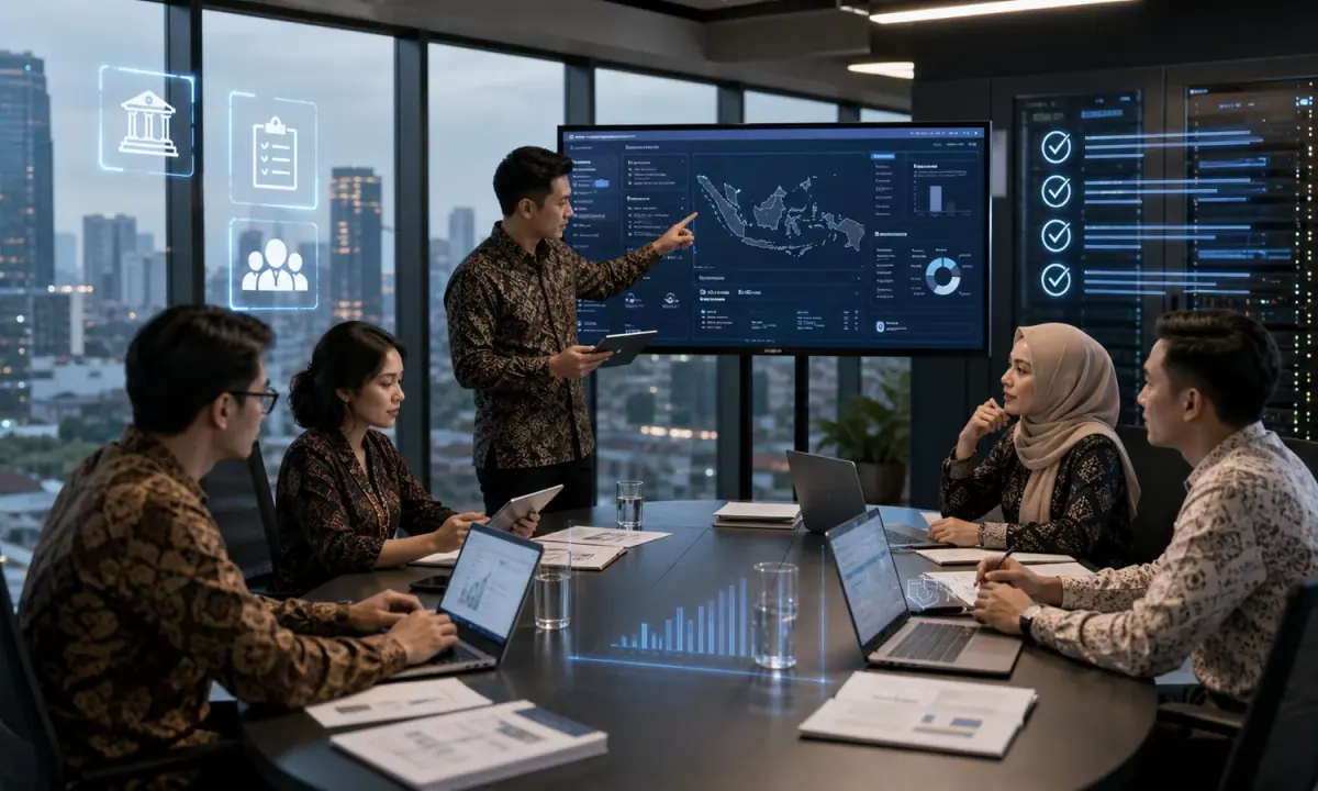 Editorial illustration of a digital-asset product roadmap passing through a regulatory gate in Indonesia.
