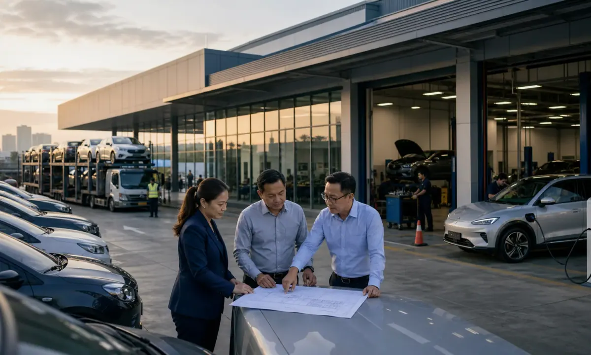 Regional operations leaders review a site plan at an automotive distribution and service facility.