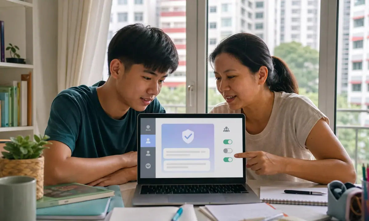 A Singapore teenager and parent review AI safety settings together on a home computer.