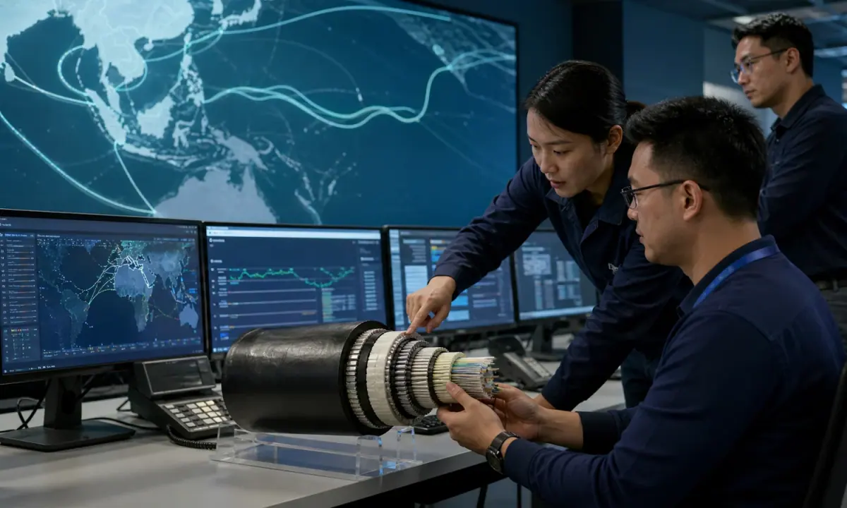 Telecommunications engineers review submarine-cable monitoring systems and a fiber cable sample in a network operations centre.