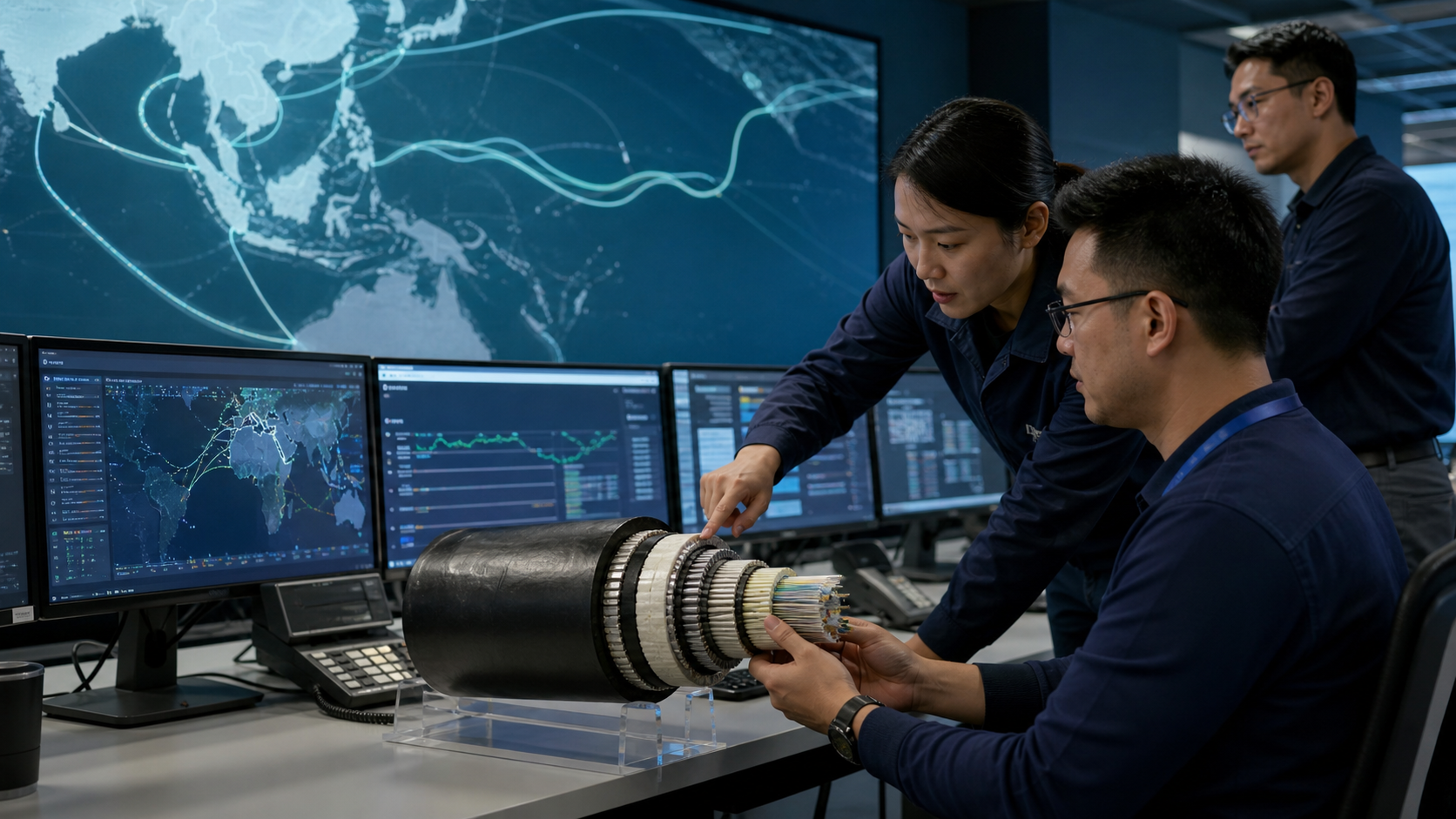 Telecommunications engineers review submarine-cable monitoring systems and a fiber cable sample in a network operations centre.