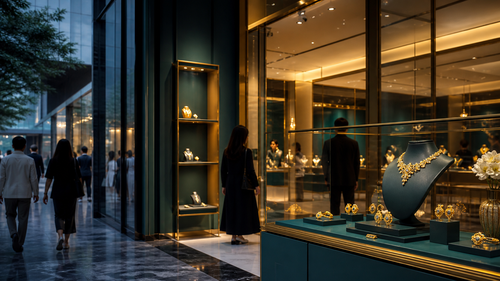 Editorial image of a premium jewellery store in a Southeast Asian city with shoppers passing the display.