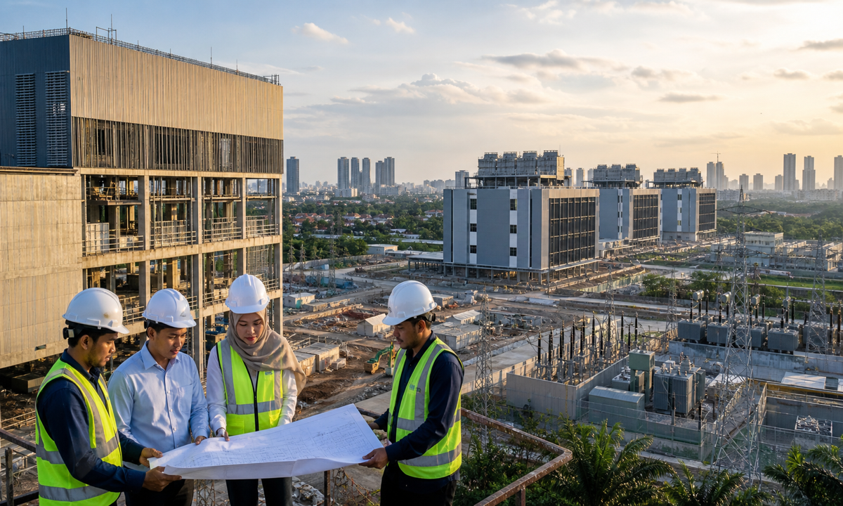 Indonesian infrastructure engineers review plans beside a data-centre campus under construction.