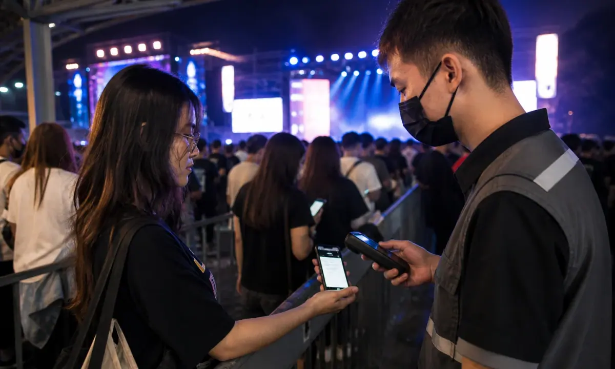 Event staff checking a mobile concert ticket as fans enter a venue in Vietnam.