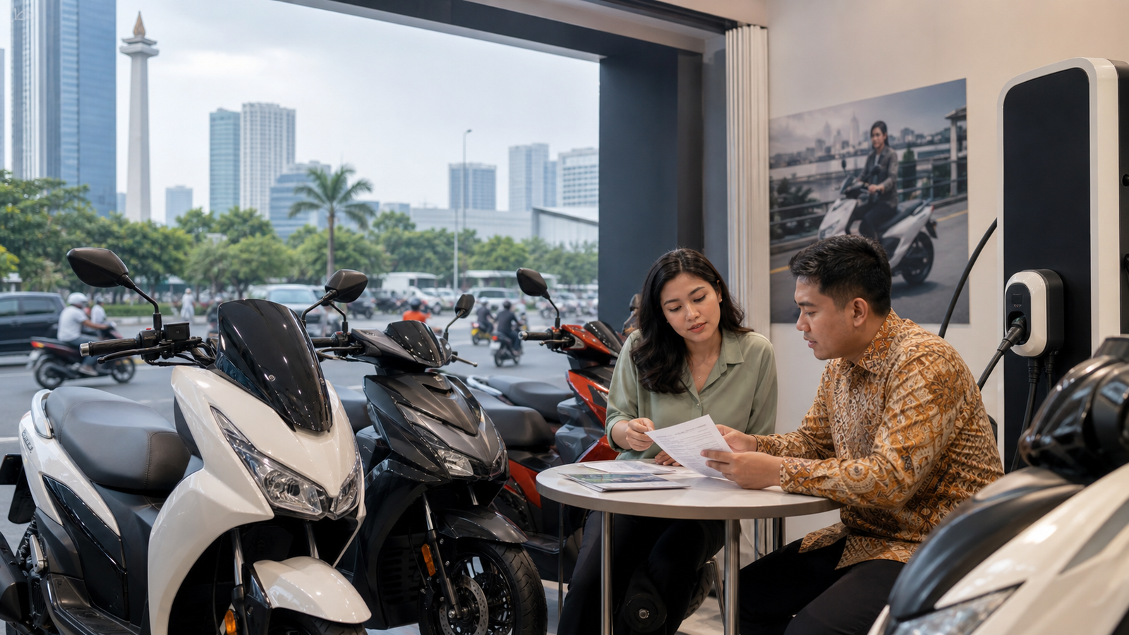 A Jakarta electric-motorcycle retail and charging scene shows financing for locally produced electric mobility.