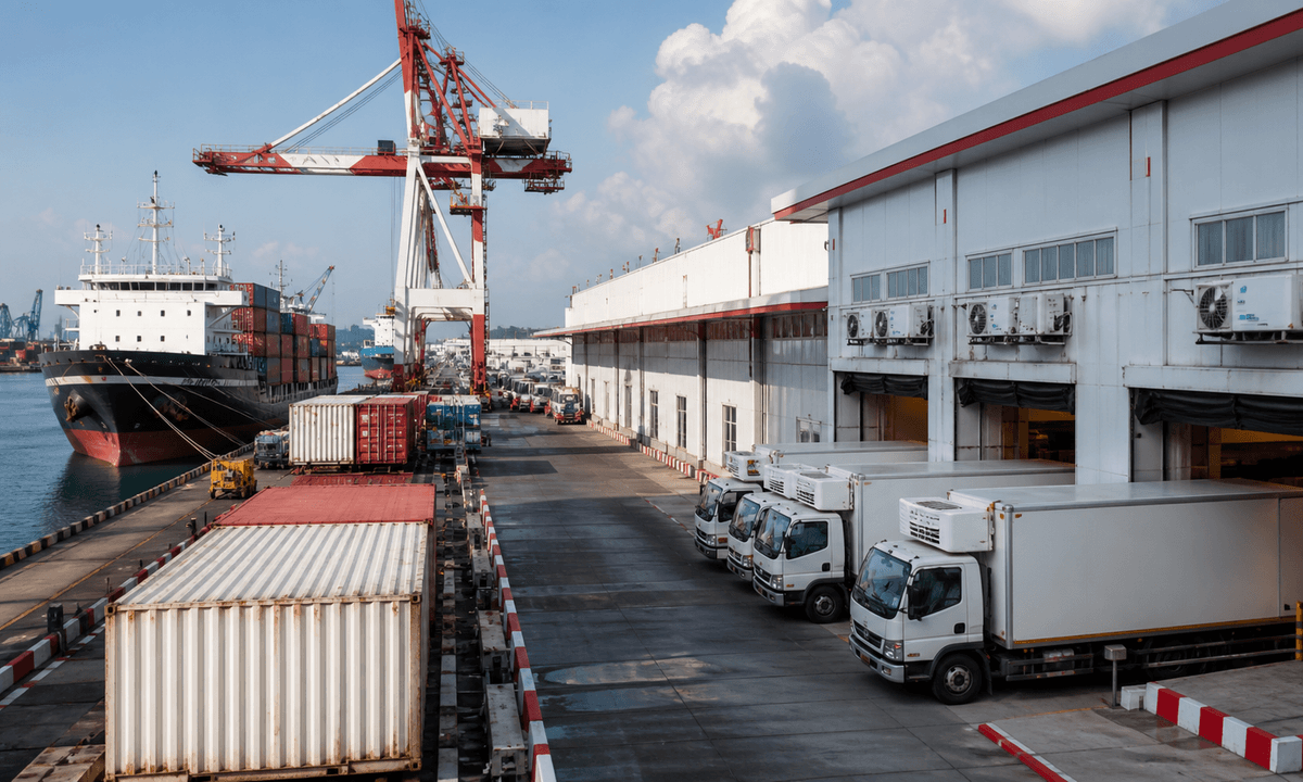 Cold-chain logistics trucks, containers and a cargo ship at a Southeast Asian port facility.