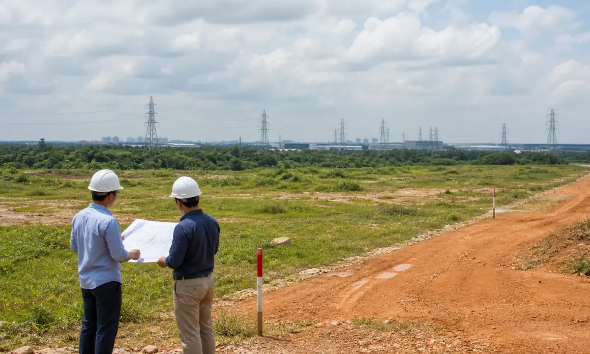 Two infrastructure professionals review plans beside an undeveloped Selangor site with transmission lines in the distance.