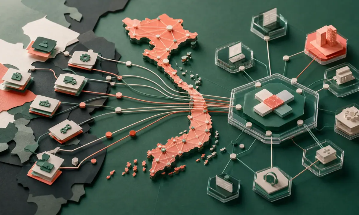 Vietnam-shaped service network linking procurement modules to a shared digital platform