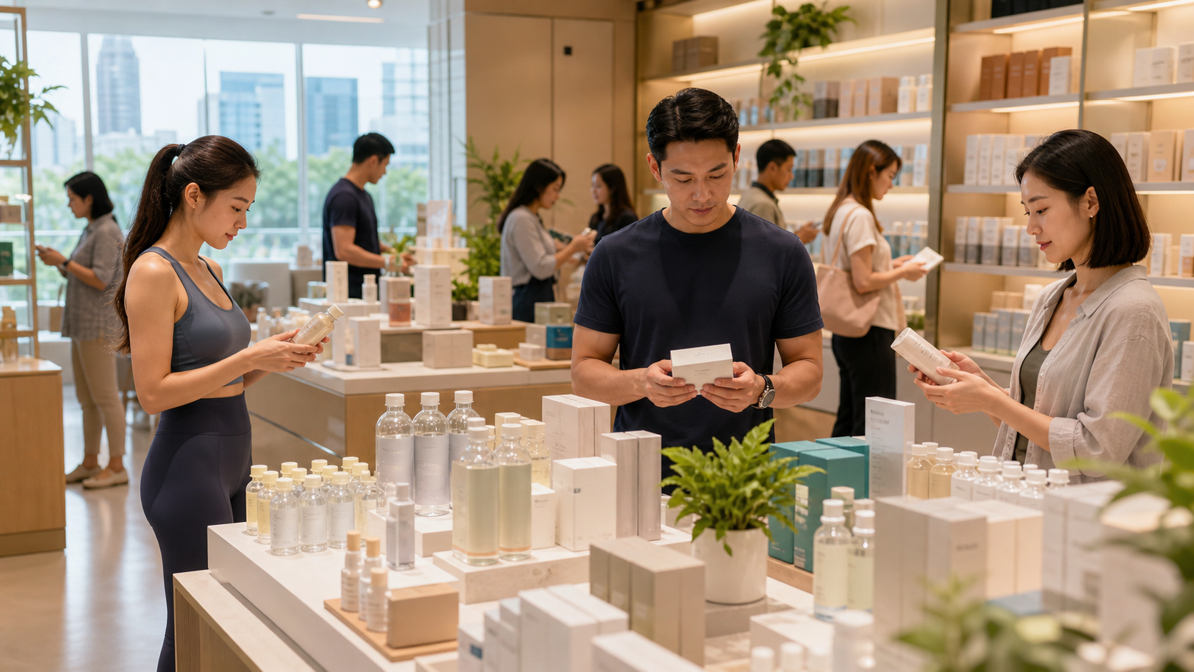 Illustrative Singapore wellness retail scene with consumers browsing unbranded hydration and recovery products.