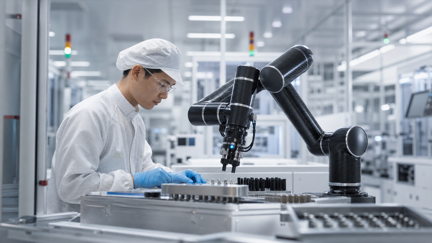 Illustrative scene of a compact collaborative robot working beside an engineer in a clean manufacturing facility.