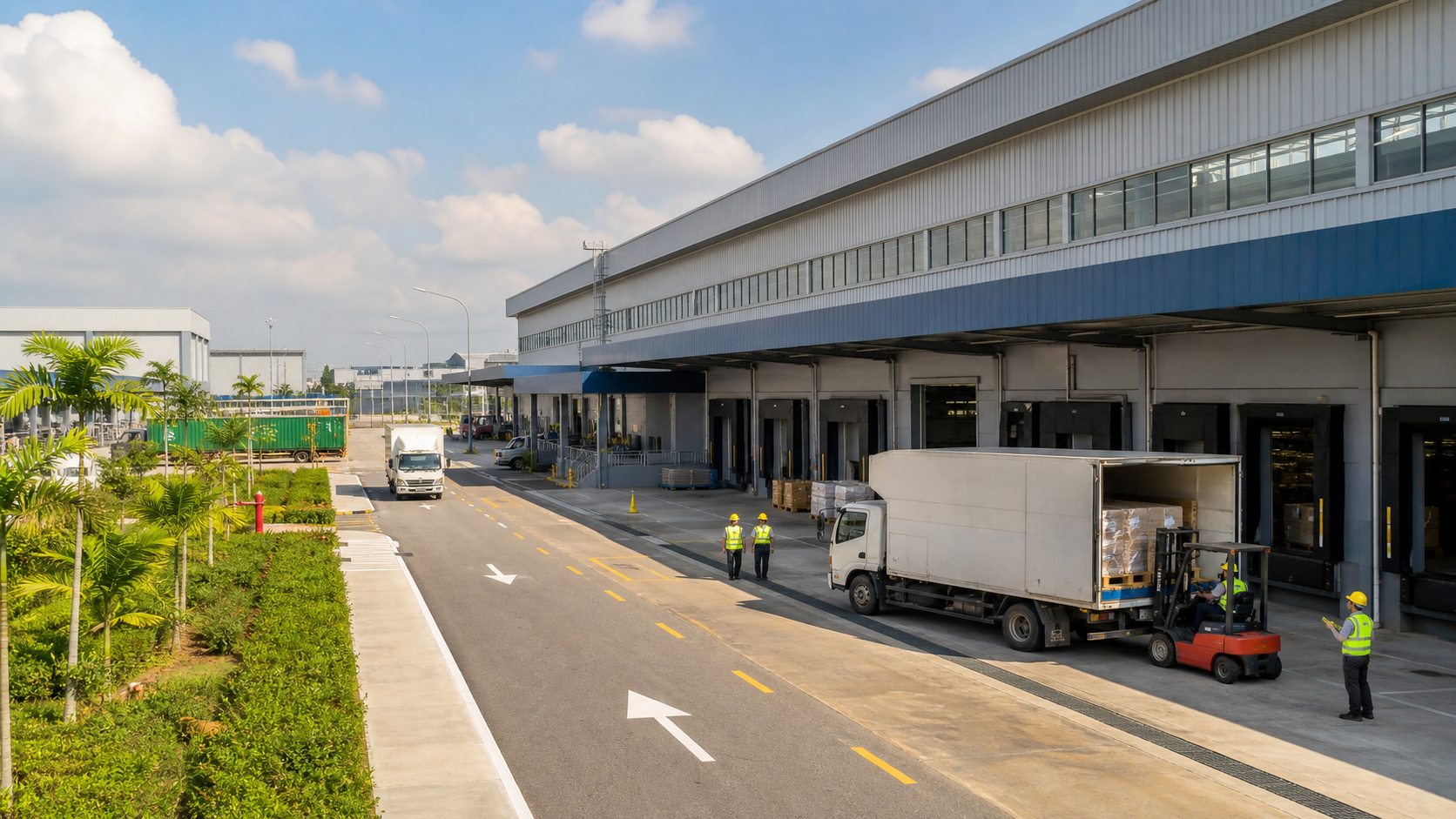 Modern manufacturing and logistics campus with active loading bays in tropical daylight.