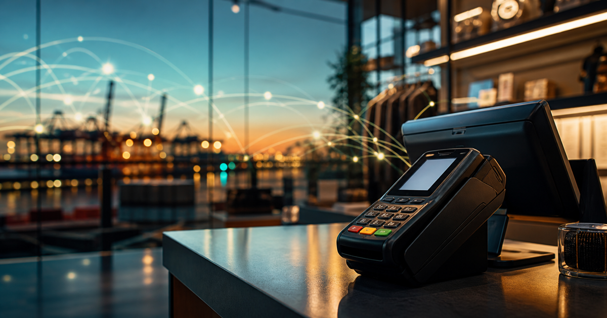 A payment terminal in a Southeast Asian merchant and logistics setting.