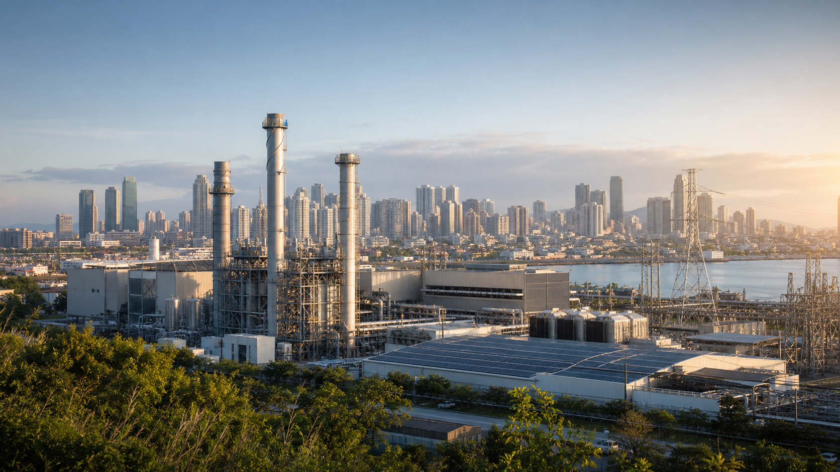 A Philippine power complex, transmission lines and solar facilities beside a dense urban waterfront.
