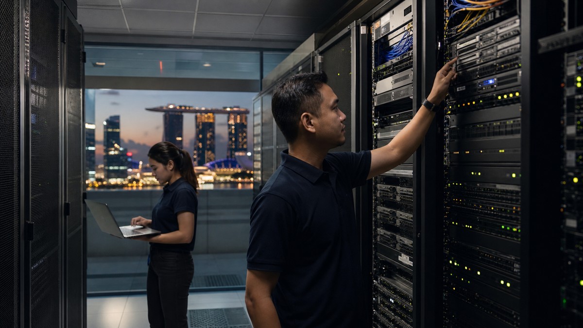 Two infrastructure engineers working among server racks in a secured operations facility